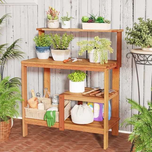 Outdoor Garden Potting Wood Planting Workstation with Open Shelves - Potting Benches & Tables