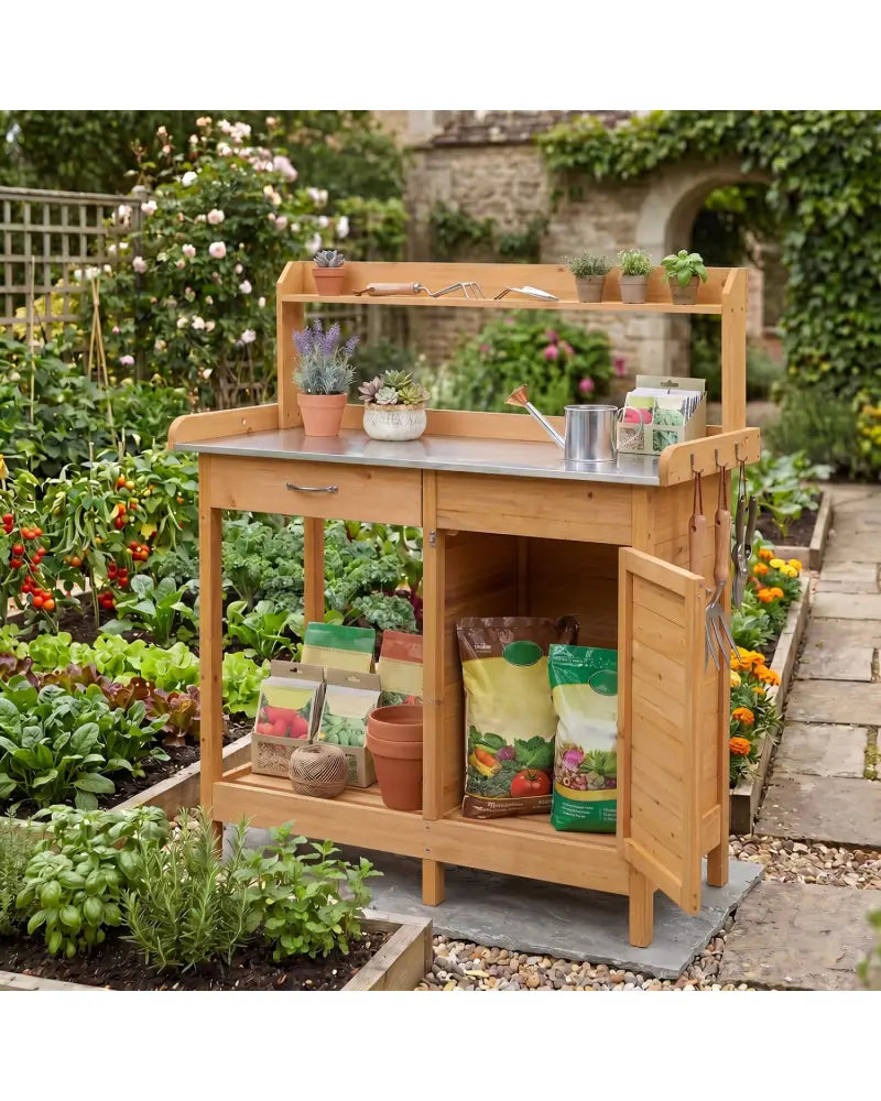 Outdoor Garden Wooden Work Station Potting Bench - Natural - Potting Benches & Tables