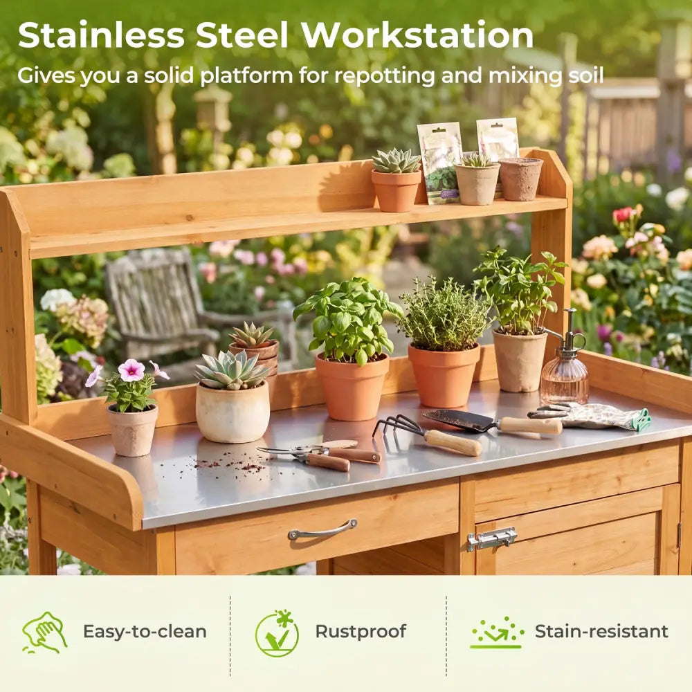 Outdoor Garden Wooden Work Station Potting Bench - Natural - Potting Benches & Tables