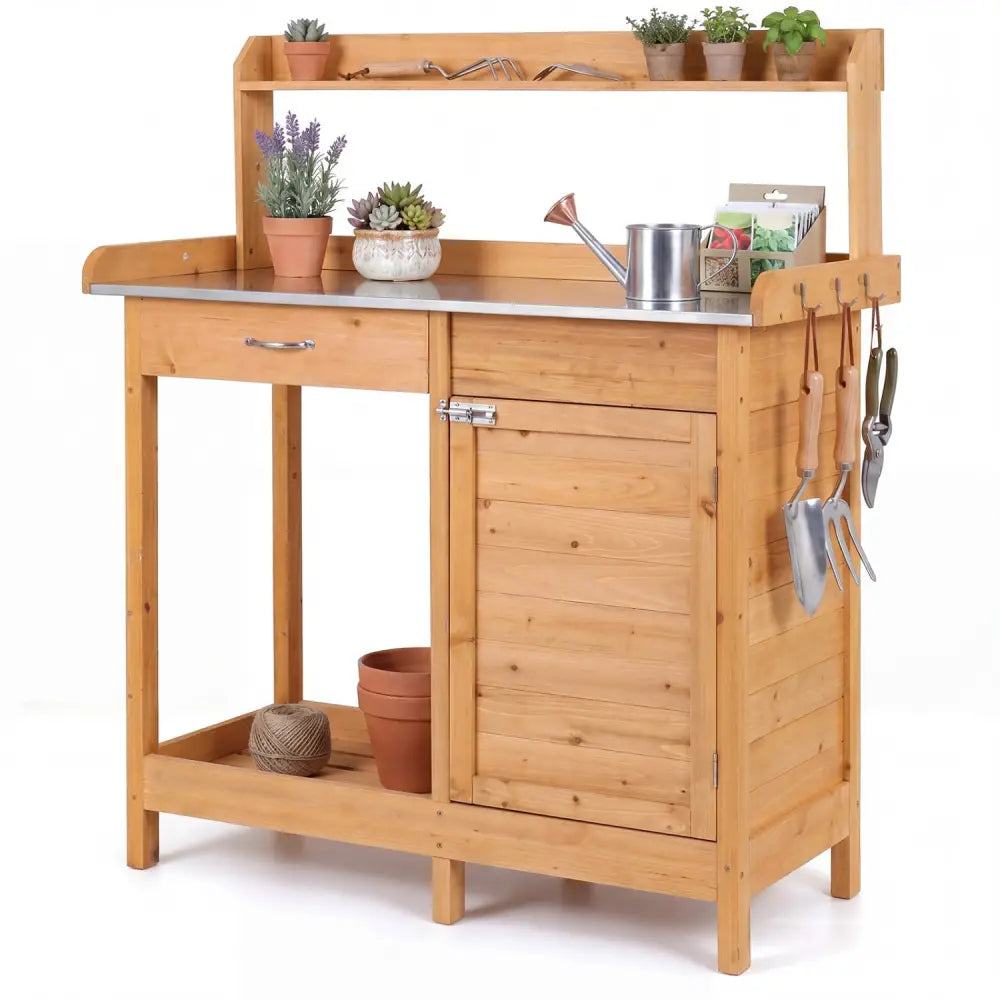 Outdoor Garden Wooden Work Station Potting Bench - Natural - Potting Benches & Tables