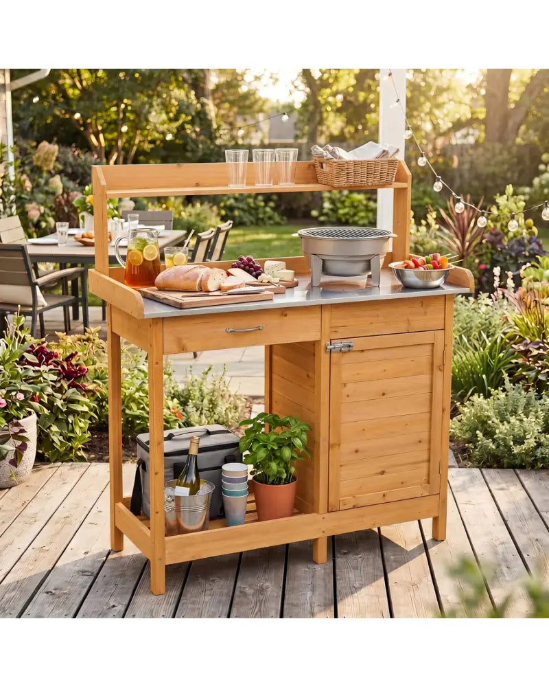 Outdoor Garden Wooden Work Station Potting Bench - Natural - Potting Benches & Tables