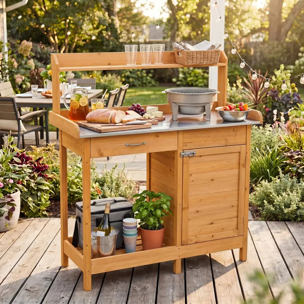 Outdoor Garden Wooden Work Station Potting Bench - Natural - Potting Benches & Tables