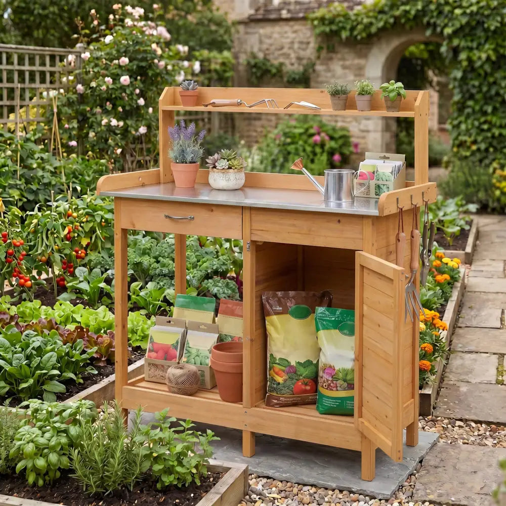 Outdoor Garden Wooden Work Station Potting Bench - Natural - Potting Benches & Tables
