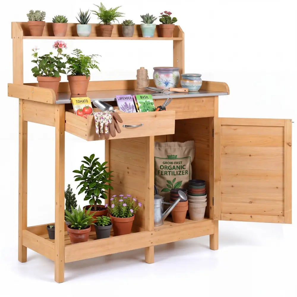Outdoor Garden Wooden Work Station Potting Bench - Natural - Potting Benches & Tables