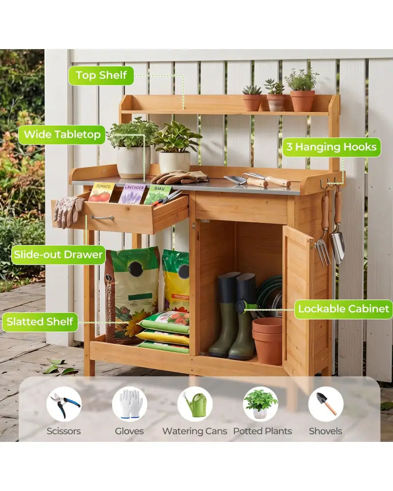 Outdoor Garden Wooden Work Station Potting Bench - Natural - Potting Benches & Tables