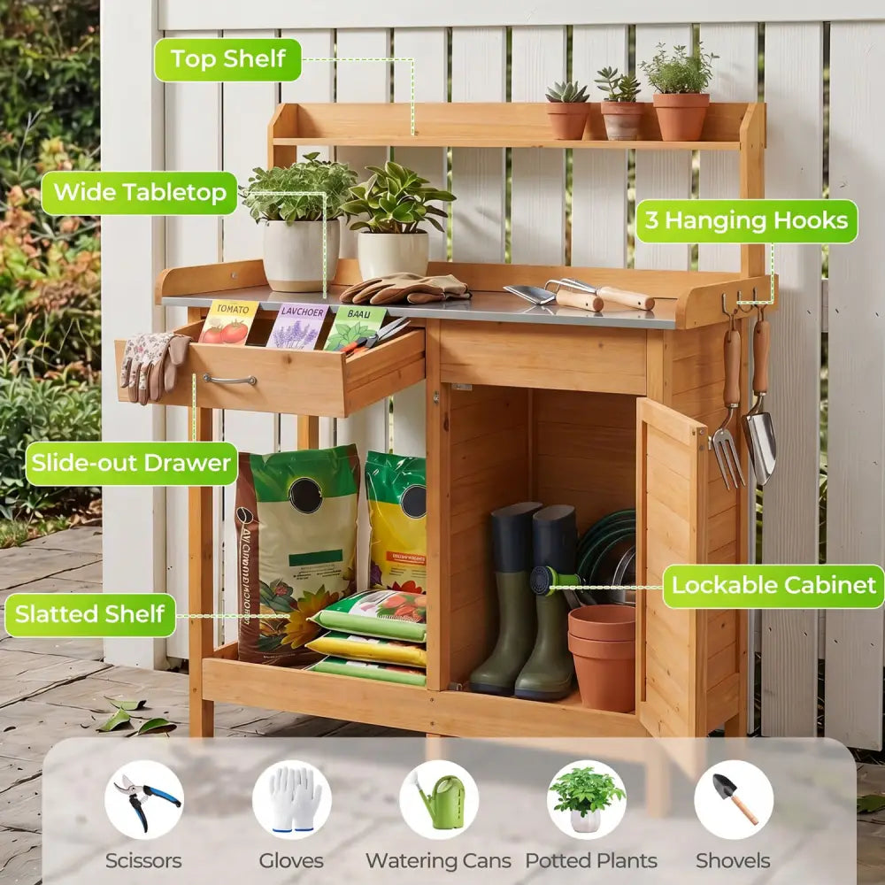 Outdoor Garden Wooden Work Station Potting Bench - Natural - Potting Benches & Tables