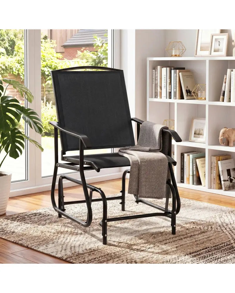 Outdoor Glider Chair with Metal Frame and Armrests-Black - Black - Patio Rocking Chairs & Gliders