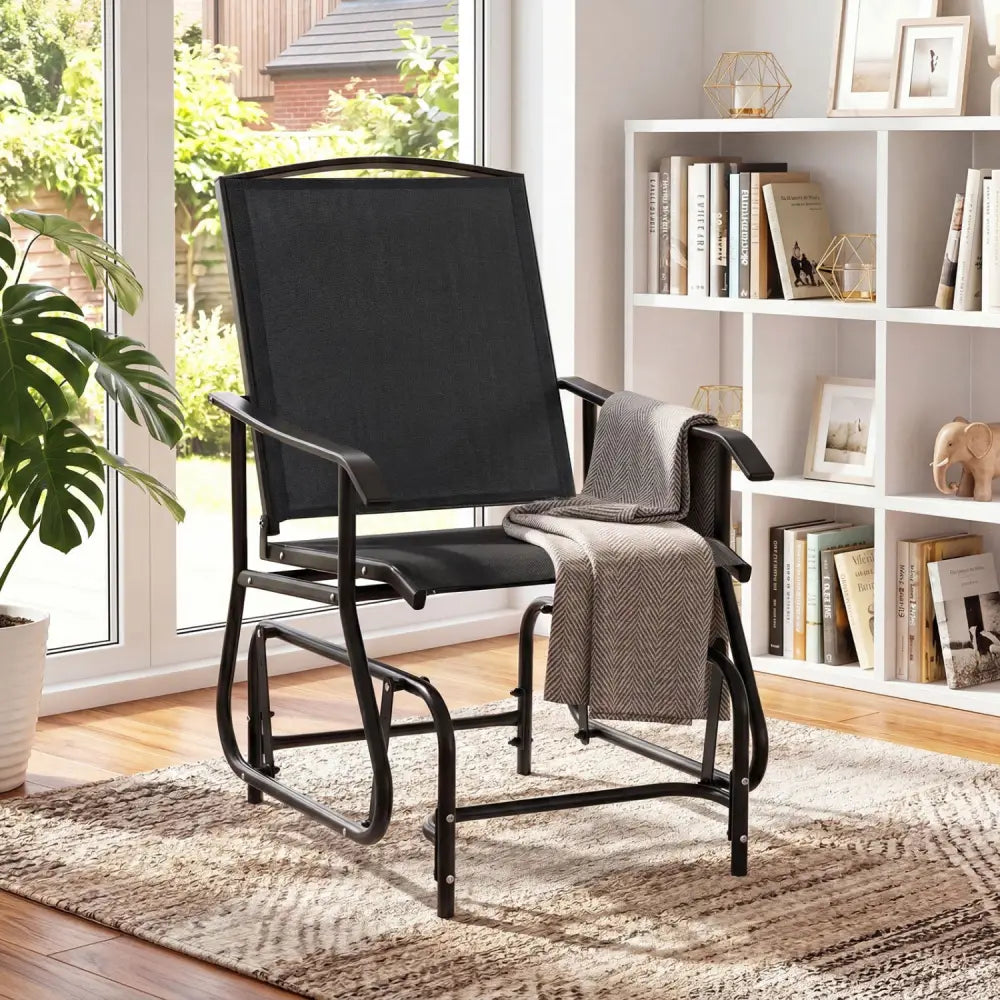 Outdoor Glider Chair with Metal Frame and Armrests-Black - Black - Patio Rocking Chairs & Gliders