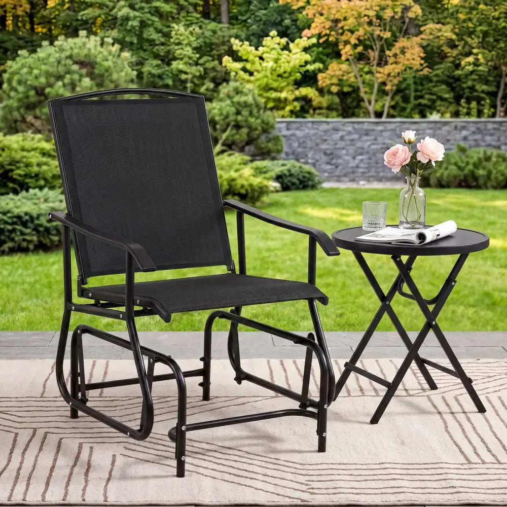 Outdoor Glider Chair with Metal Frame and Armrests-Black - Black - Patio Rocking Chairs & Gliders