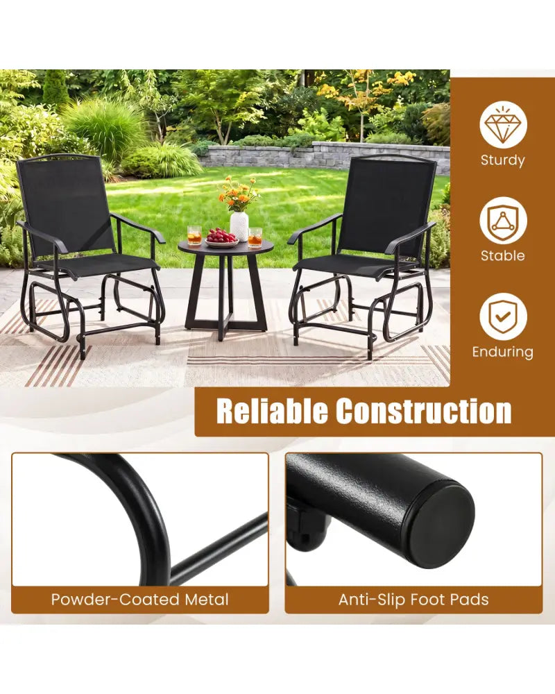 Outdoor Glider Chair with Metal Frame and Armrests-Black - Black - Patio Rocking Chairs & Gliders