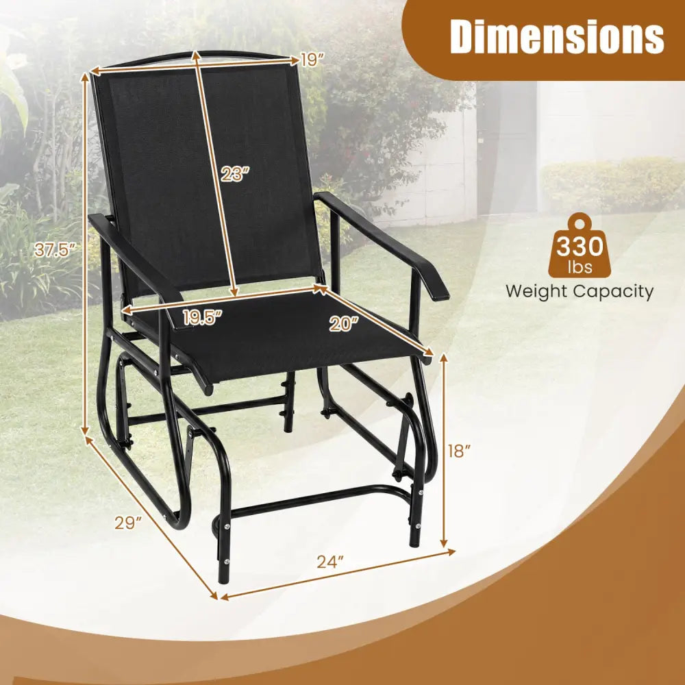 Outdoor Glider Chair with Metal Frame and Armrests-Black - Black - Patio Rocking Chairs & Gliders