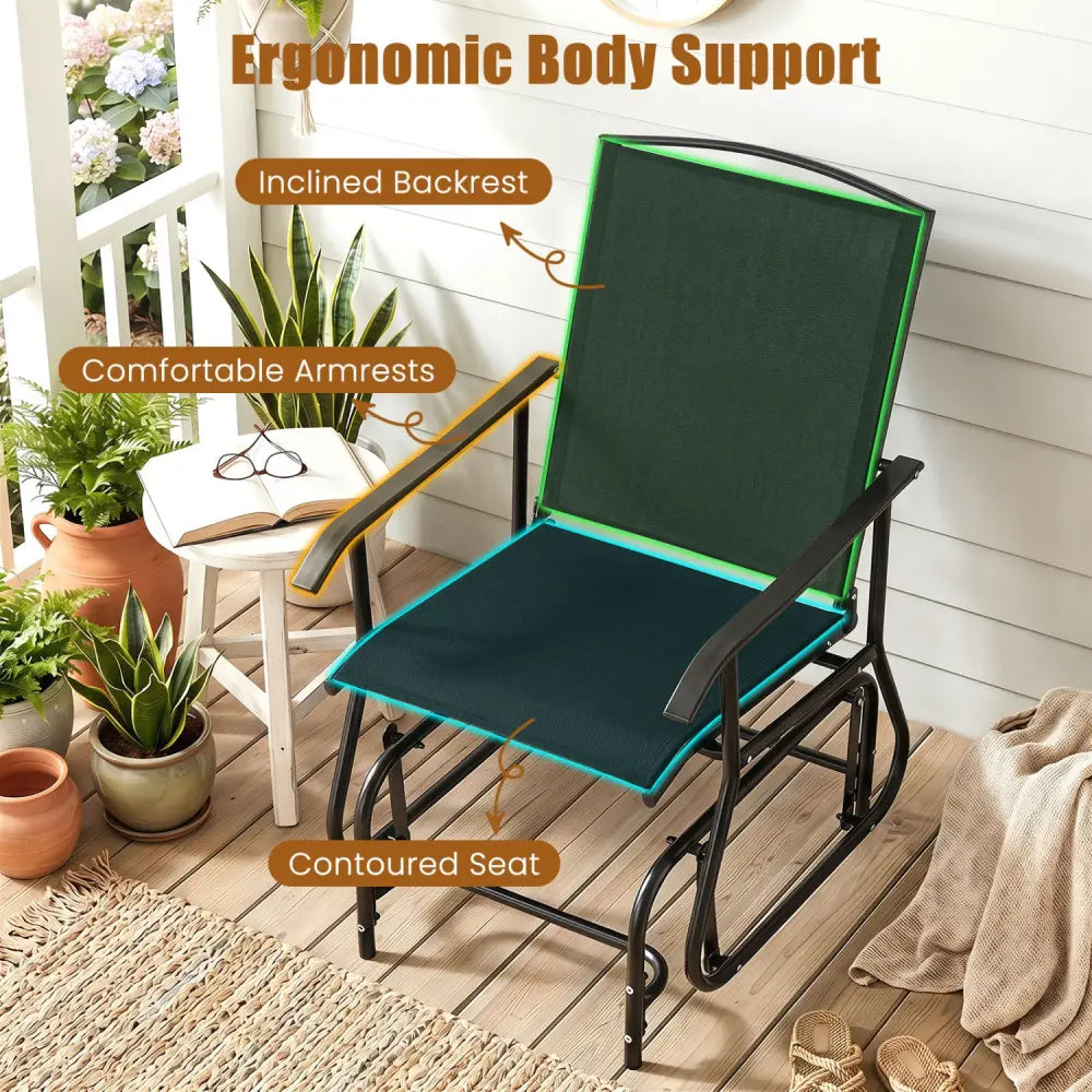 Outdoor Glider Chair with Metal Frame and Armrests-Black - Black - Patio Rocking Chairs & Gliders
