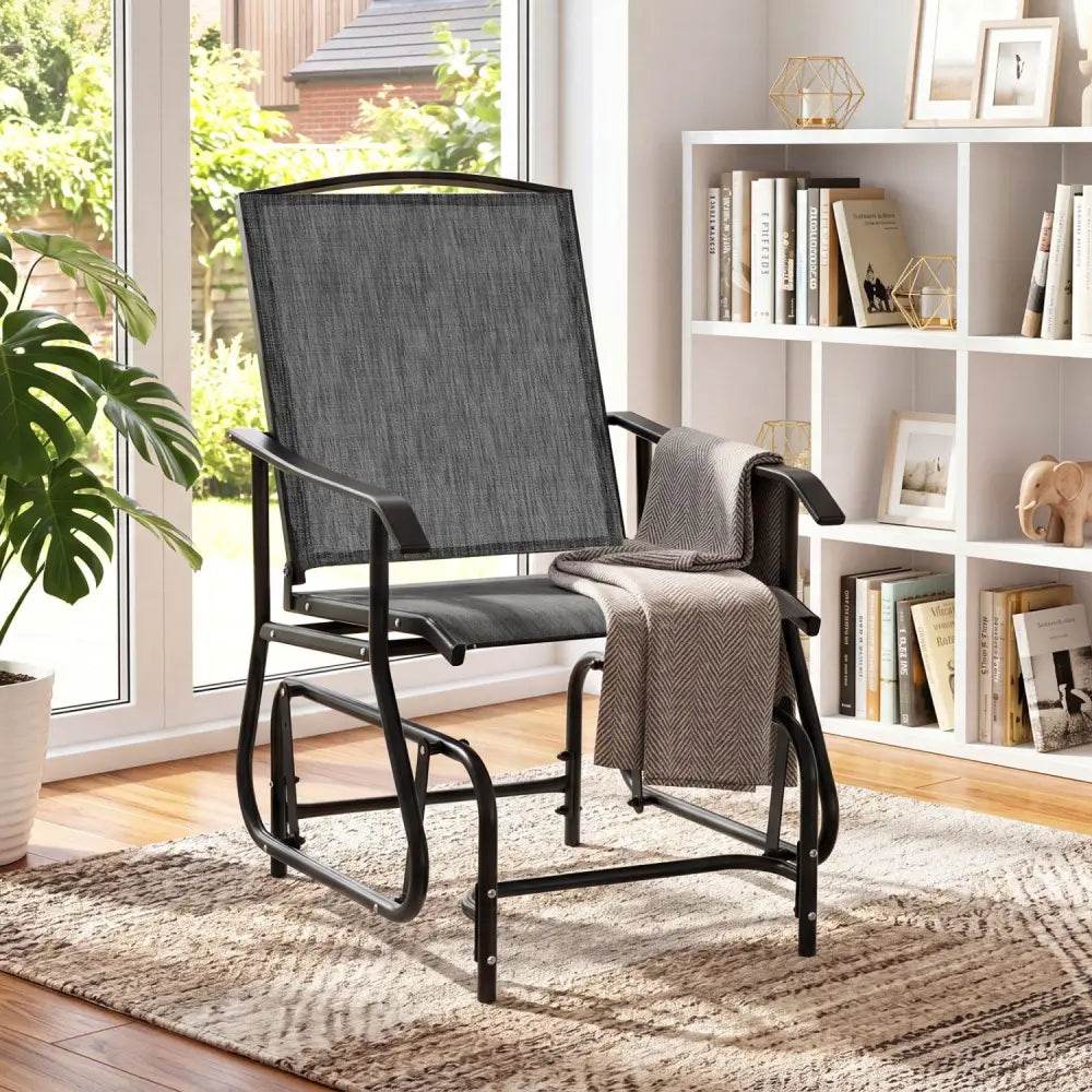Outdoor Glider Chair with Metal Frame and Armrests-Gray - Gray - Patio Rocking Chairs & Gliders