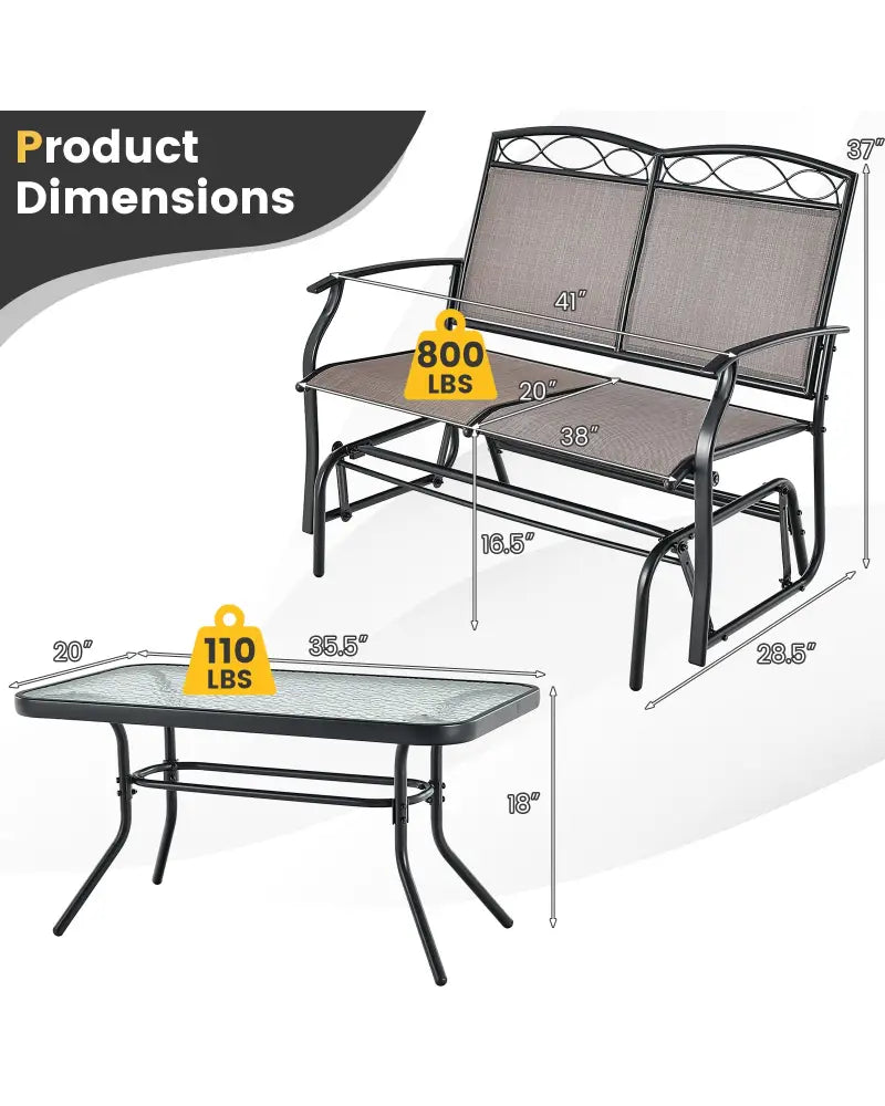 Outdoor Gliding Loveseat Chair with Tempered Glass Coffee Table-2 Pieces - Brown - Patio Conversation Sets