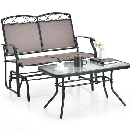 Outdoor Gliding Loveseat Chair with Tempered Glass Coffee Table-2 Pieces - Brown - Patio Conversation Sets