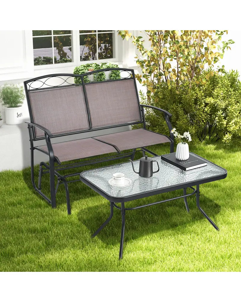 Outdoor Gliding Loveseat Chair with Tempered Glass Coffee Table-2 Pieces - Brown - Patio Conversation Sets