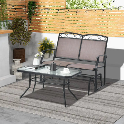 Outdoor Gliding Loveseat Chair with Tempered Glass Coffee Table-2 Pieces - Brown - Patio Conversation Sets