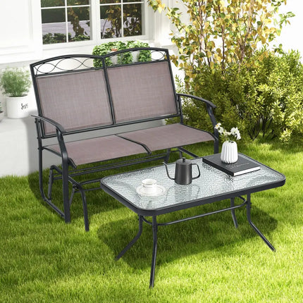 Outdoor Gliding Loveseat Chair with Tempered Glass Coffee Table-2 Pieces - Brown - Patio Conversation Sets