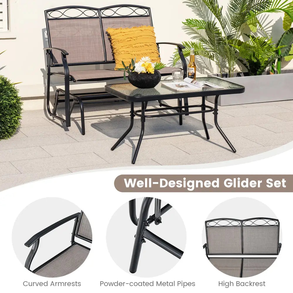 Outdoor Gliding Loveseat Chair with Tempered Glass Coffee Table-2 Pieces - Brown - Patio Conversation Sets