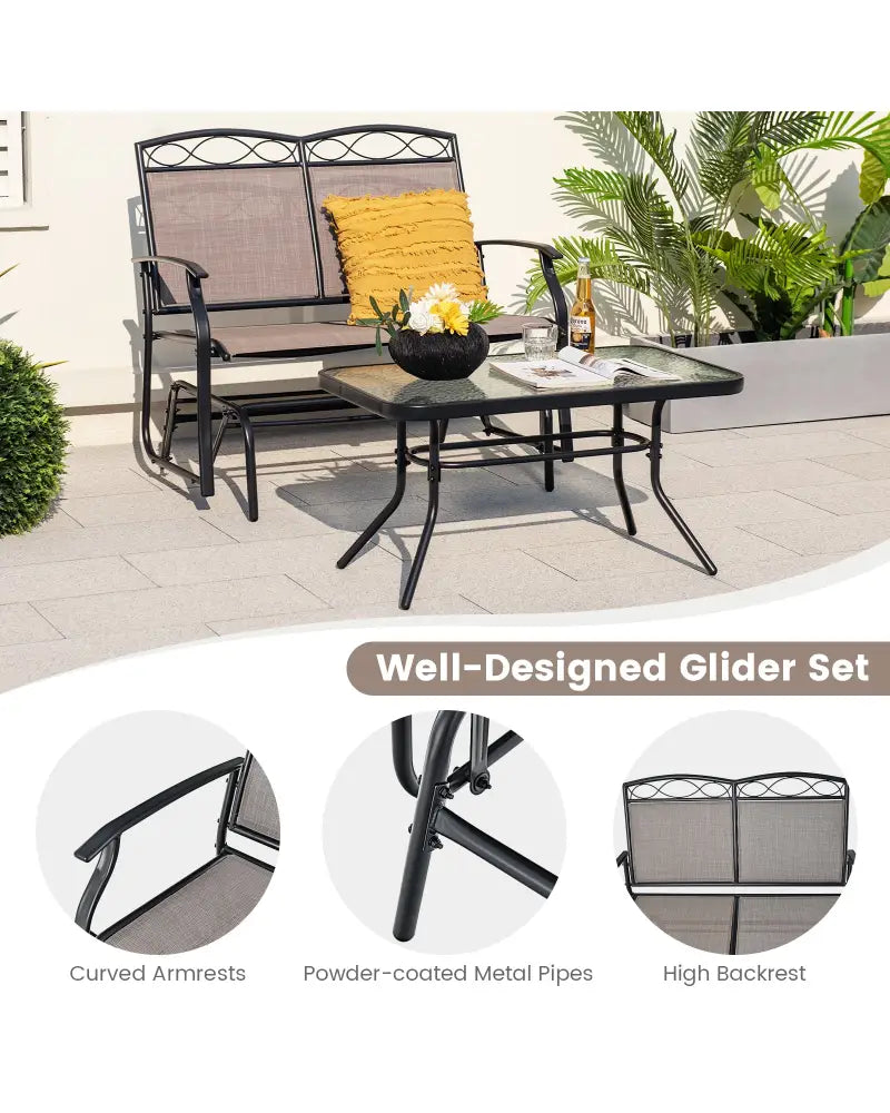 Outdoor Gliding Loveseat Chair with Tempered Glass Coffee Table-2 Pieces - Brown - Patio Conversation Sets