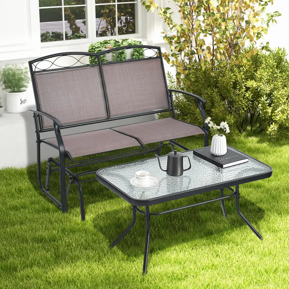 Outdoor Gliding Loveseat Chair with Tempered Glass Coffee Table-2 Pieces - Brown - Patio Conversation Sets