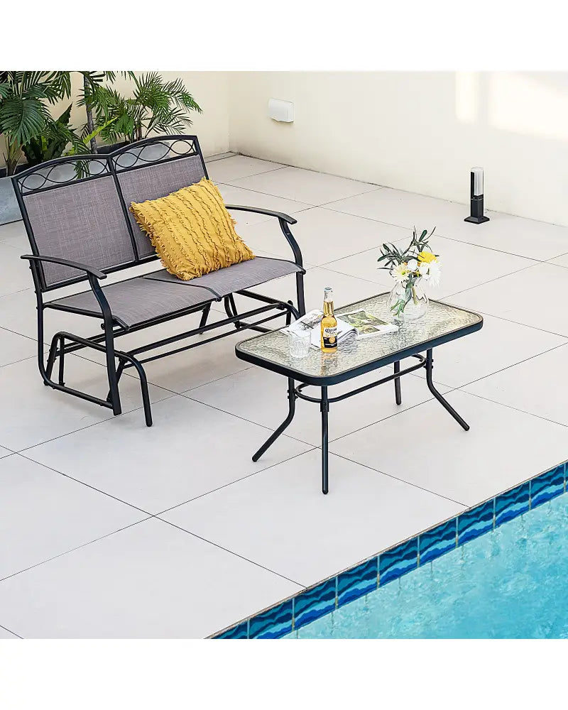 Outdoor Gliding Loveseat Chair with Tempered Glass Coffee Table-2 Pieces - Brown - Patio Conversation Sets