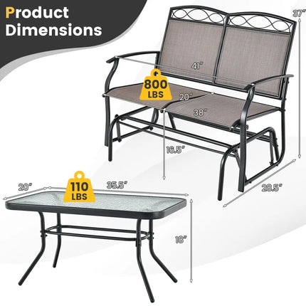 Outdoor Gliding Loveseat Chair with Tempered Glass Coffee Table-2 Pieces - Brown - Patio Conversation Sets