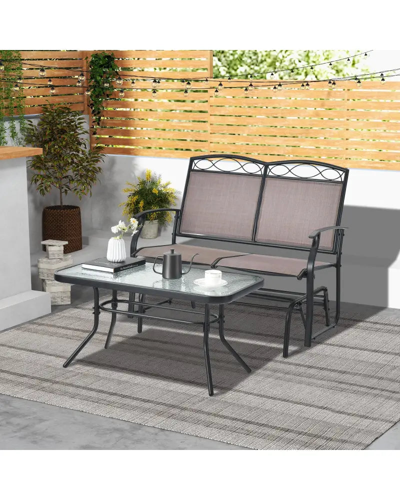 Outdoor Gliding Loveseat Chair with Tempered Glass Coffee Table-2 Pieces - Brown - Patio Conversation Sets