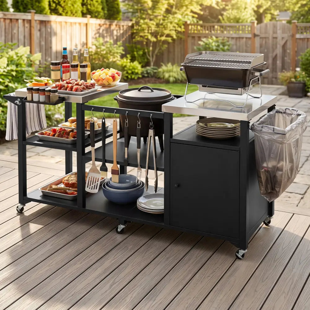 Outdoor Grill Cart with Cabinet Stainless Steel Tabletop and Hooks-Black - Black - Outdoor Grills
