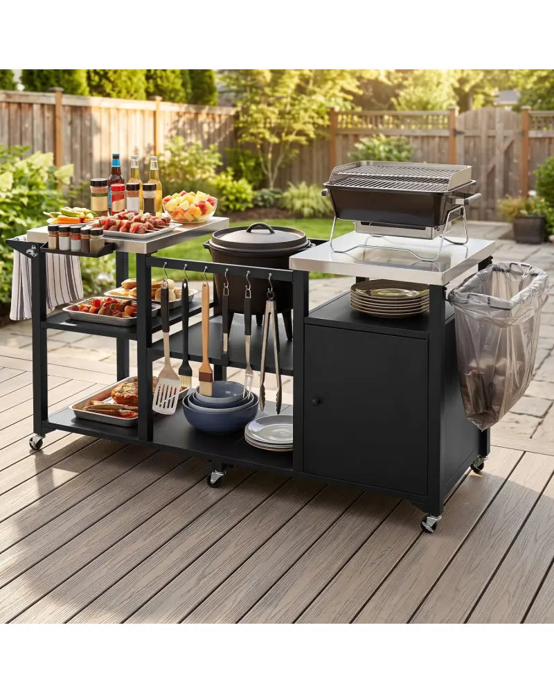 Outdoor Grill Cart with Cabinet Stainless Steel Tabletop and Hooks-Black - Black - Outdoor Grills