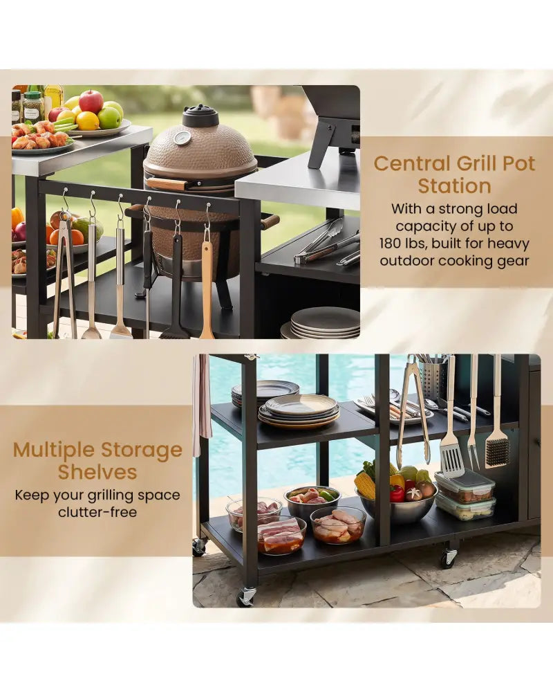 Outdoor Grill Cart with Cabinet Stainless Steel Tabletop and Hooks-Black - Black - Outdoor Grills