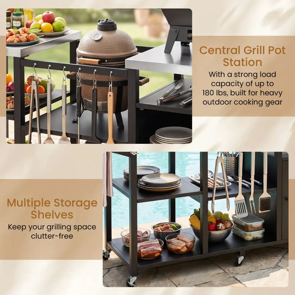 Outdoor Grill Cart with Cabinet Stainless Steel Tabletop and Hooks-Black - Black - Outdoor Grills