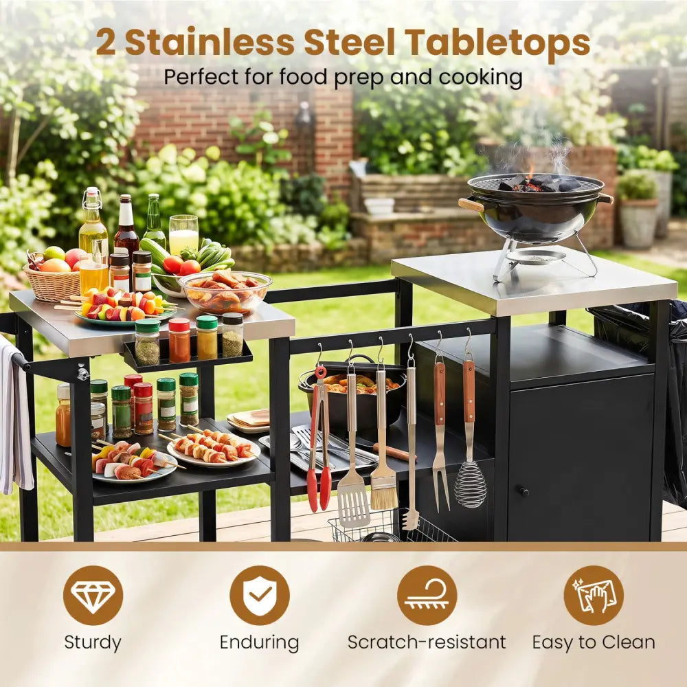 Outdoor Grill Cart with Cabinet Stainless Steel Tabletop and Hooks-Black - Black - Outdoor Grills