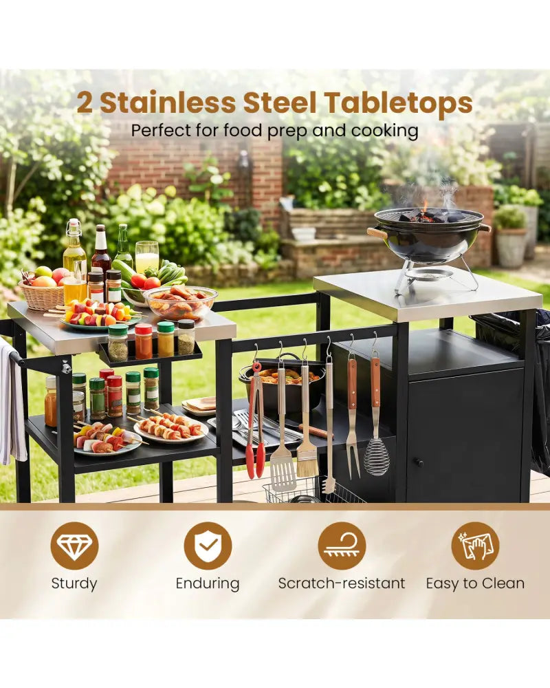 Outdoor Grill Cart with Cabinet Stainless Steel Tabletop and Hooks-Black - Black - Outdoor Grills