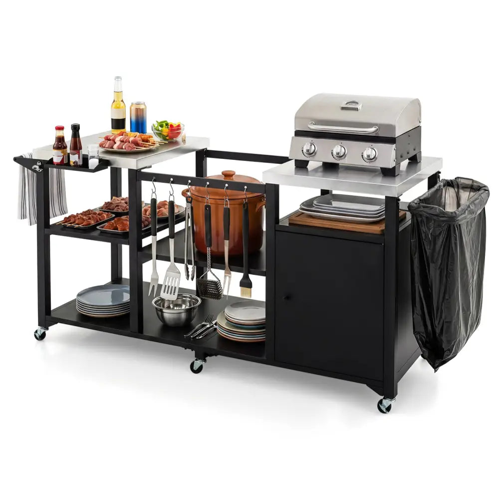 Outdoor Grill Cart with Cabinet Stainless Steel Tabletop and Hooks-Black - Black - Outdoor Grills