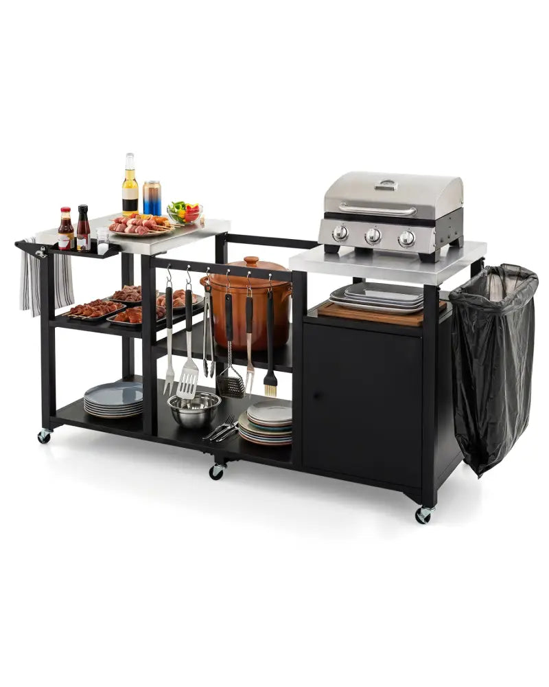 Outdoor Grill Cart with Cabinet Stainless Steel Tabletop and Hooks-Black - Black - Outdoor Grills