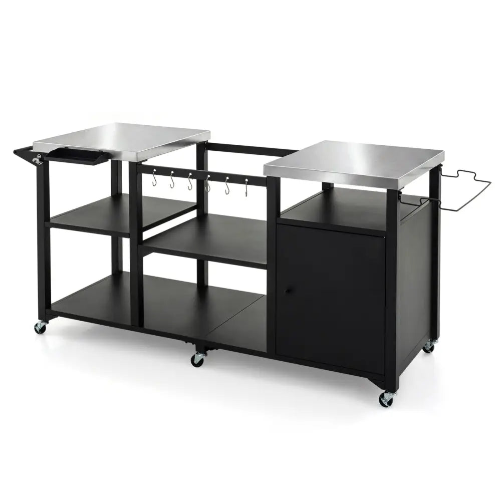 Outdoor Grill Cart with Cabinet Stainless Steel Tabletop and Hooks-Black - Black - Outdoor Grills