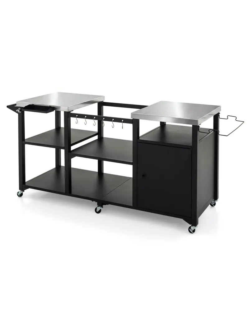 Outdoor Grill Cart with Cabinet Stainless Steel Tabletop and Hooks-Black - Black - Outdoor Grills