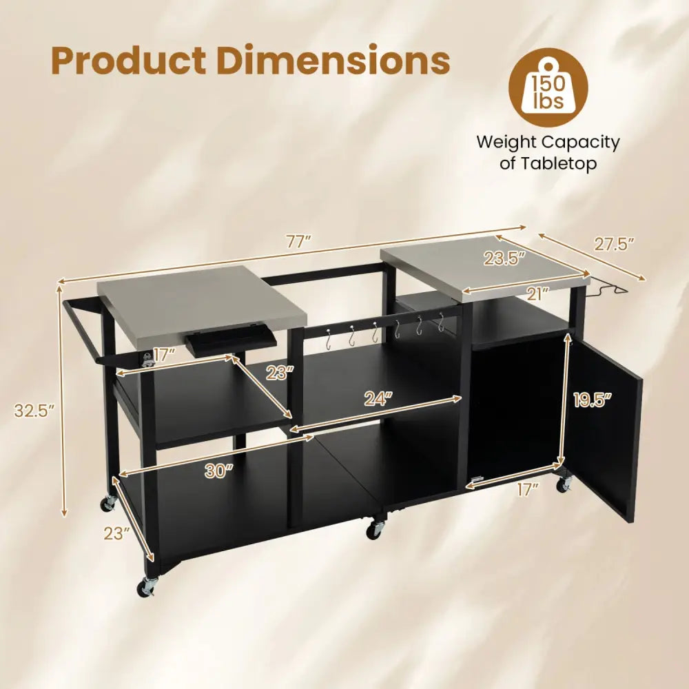 Outdoor Grill Cart with Cabinet Stainless Steel Tabletop and Hooks-Black - Black - Outdoor Grills