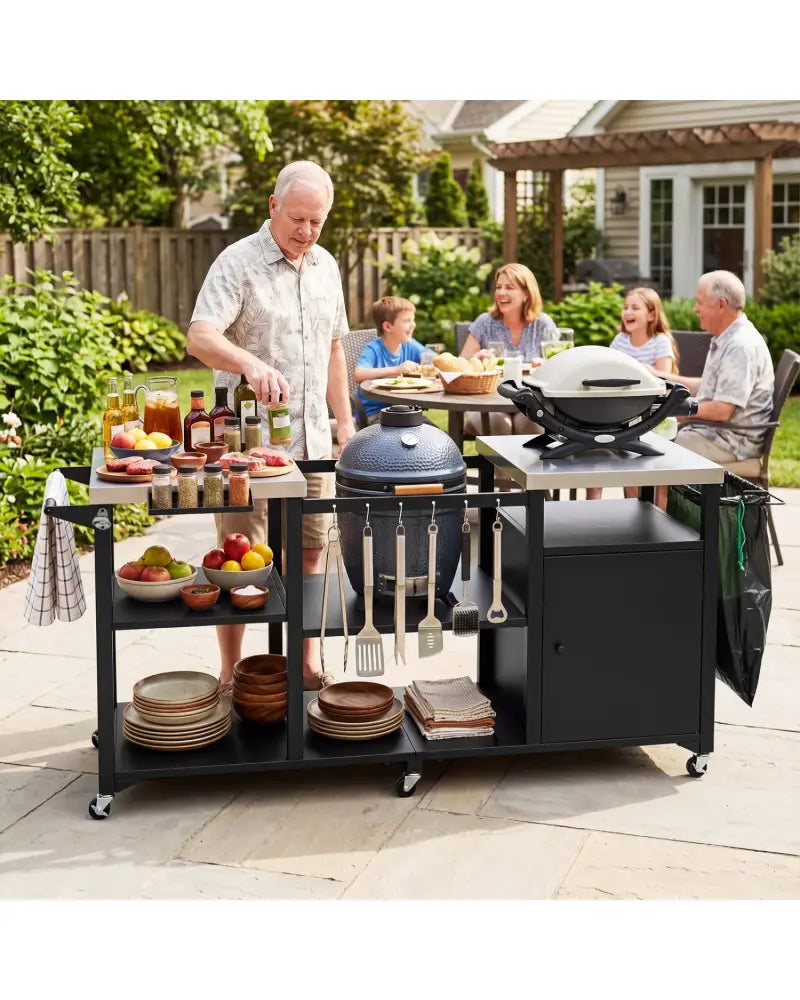 Outdoor Grill Cart with Cabinet Stainless Steel Tabletop and Hooks-Black - Black - Outdoor Grills