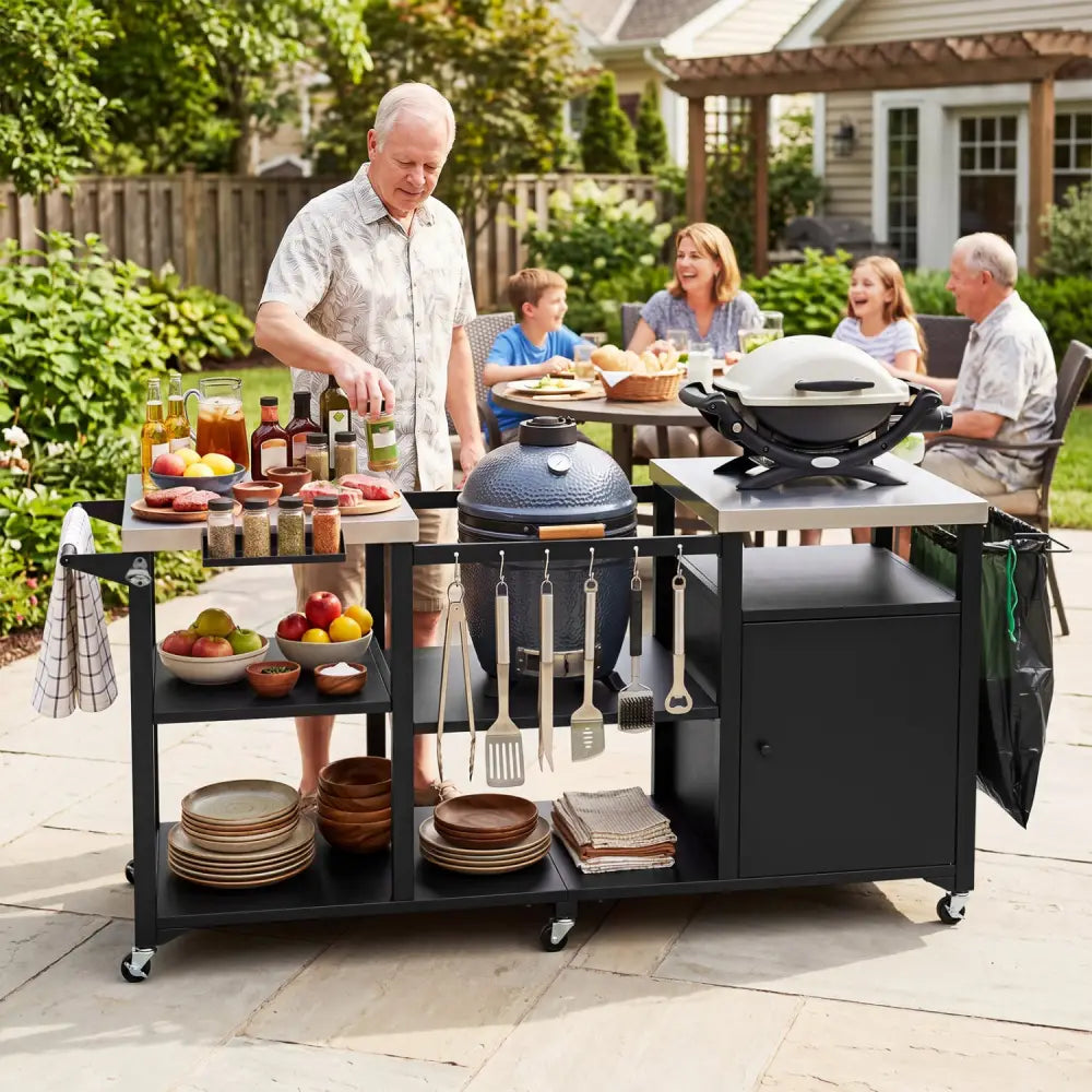 Outdoor Grill Cart with Cabinet Stainless Steel Tabletop and Hooks-Black - Black - Outdoor Grills