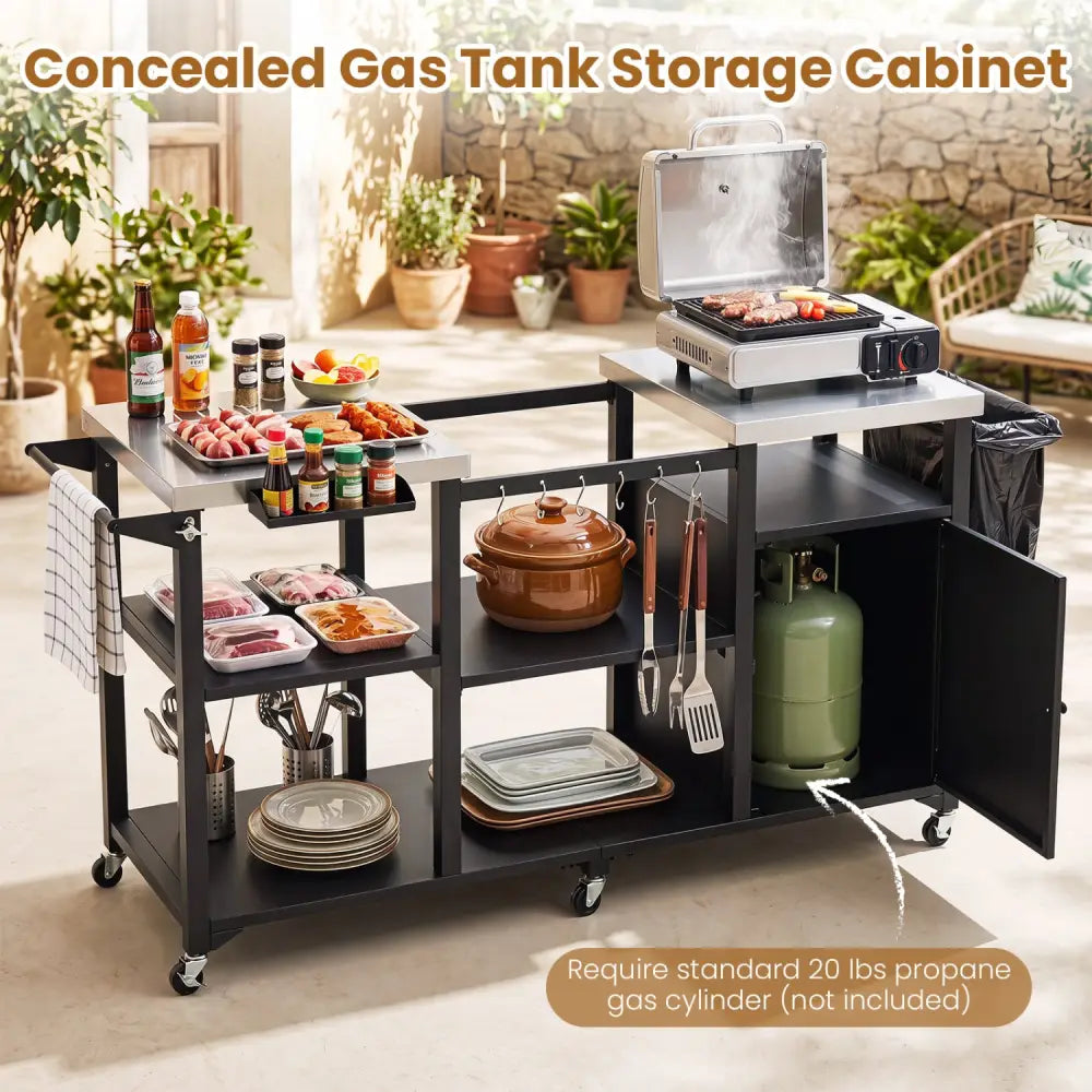 Outdoor Grill Cart with Cabinet Stainless Steel Tabletop and Hooks-Black - Black - Outdoor Grills