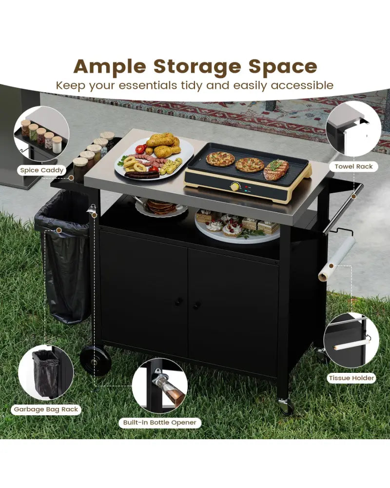 Outdoor Grill Cart with Stainless Steel Top & 2-Door Cabinet for BBQ Camping-Black - Black - Outdoor Grills