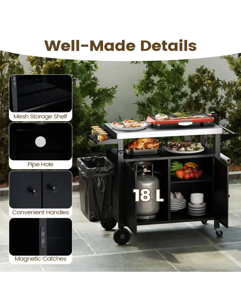 Outdoor Grill Cart with Stainless Steel Top & 2-Door Cabinet for BBQ Camping-Black - Black - Outdoor Grills