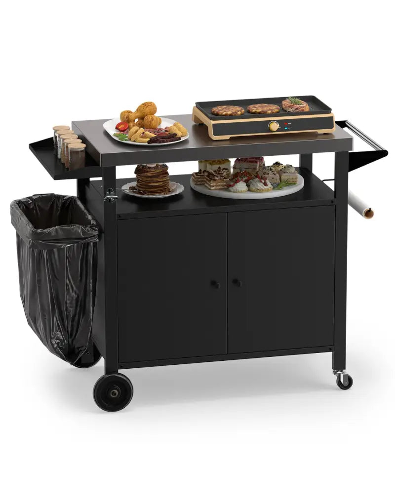 Outdoor Grill Cart with Stainless Steel Top & 2-Door Cabinet for BBQ Camping-Black - Black - Outdoor Grills