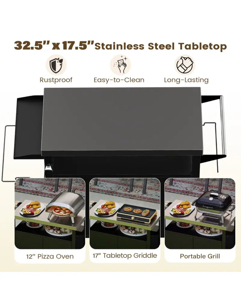 Outdoor Grill Cart with Stainless Steel Top & 2-Door Cabinet for BBQ Camping-Black - Black - Outdoor Grills