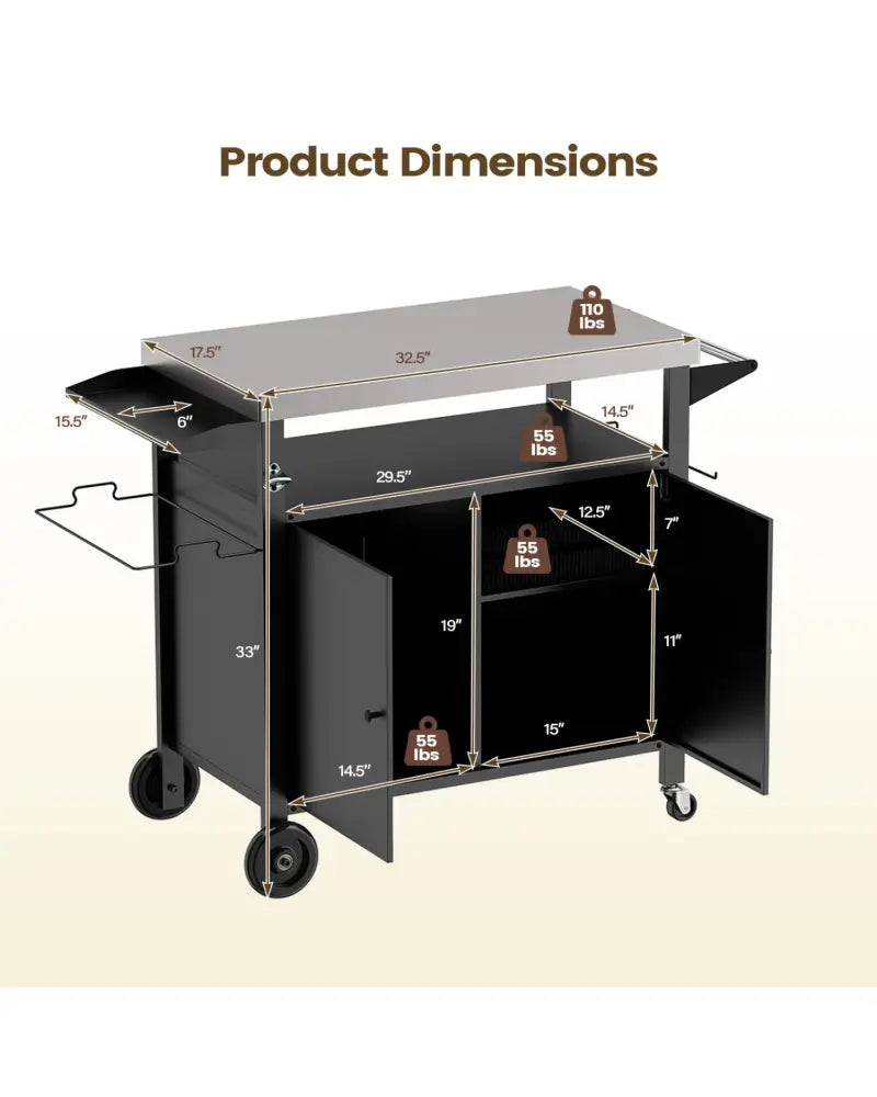 Outdoor Grill Cart with Stainless Steel Top & 2-Door Cabinet for BBQ Camping-Black - Black - Outdoor Grills