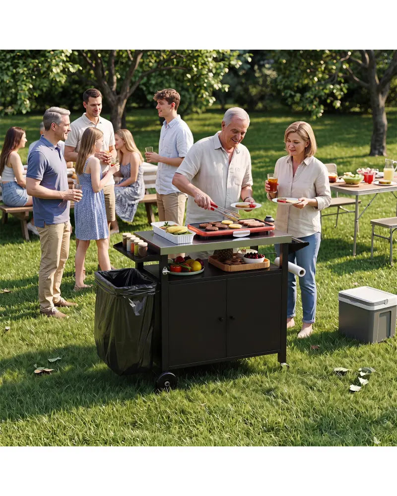 Outdoor Grill Cart with Stainless Steel Top & 2-Door Cabinet for BBQ Camping-Black - Black - Outdoor Grills