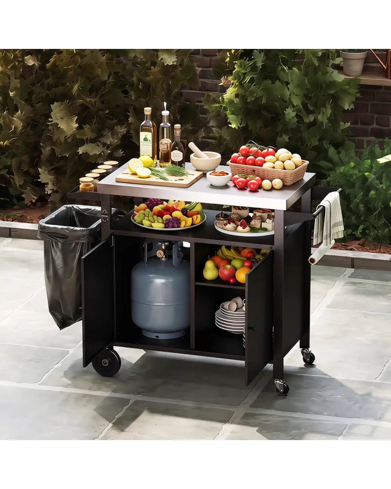 Outdoor Grill Cart with Stainless Steel Top & 2-Door Cabinet for BBQ Camping-Black - Black - Outdoor Grills