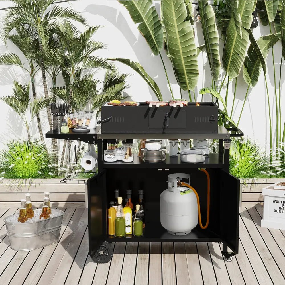 Outdoor Grill Cart with Storage and Folding Stainless Steel Top-Black - Black - Outdoor Grills